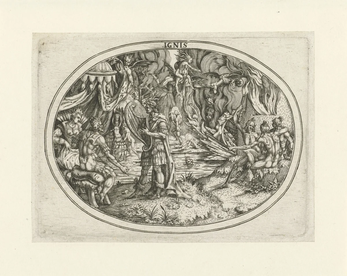 Orpheus in de onderwereld: het element vuur by Abraham van den Hecken, print, 1620-1655