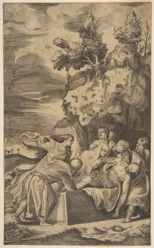 The entombment of Christ, the crosses on Calvary visble in left background by Giulio Bonasone, print, 1563