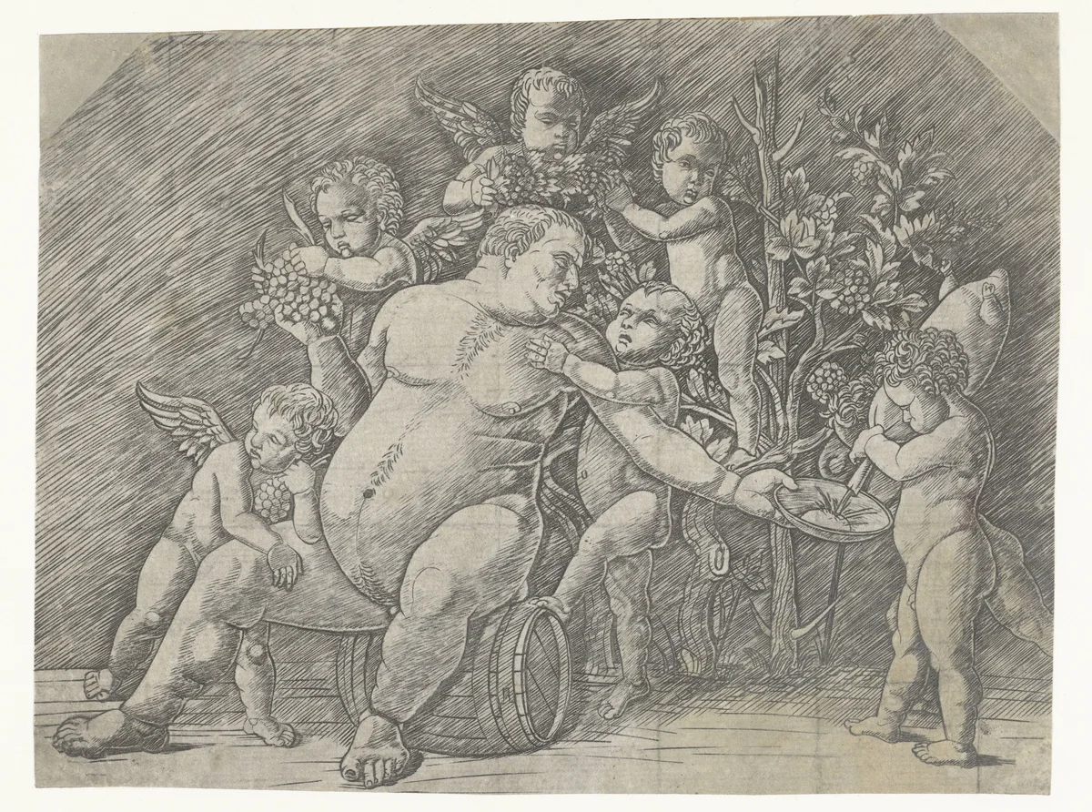 Dronken Silenus en putti met druiventrossen by Unknown, print, 1500-1550