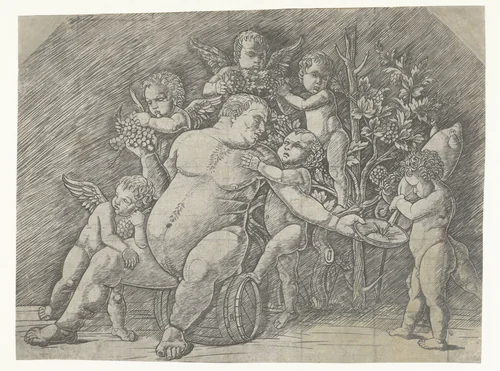 Dronken Silenus en putti met druiventrossen by Unknown, print, 1500-1550