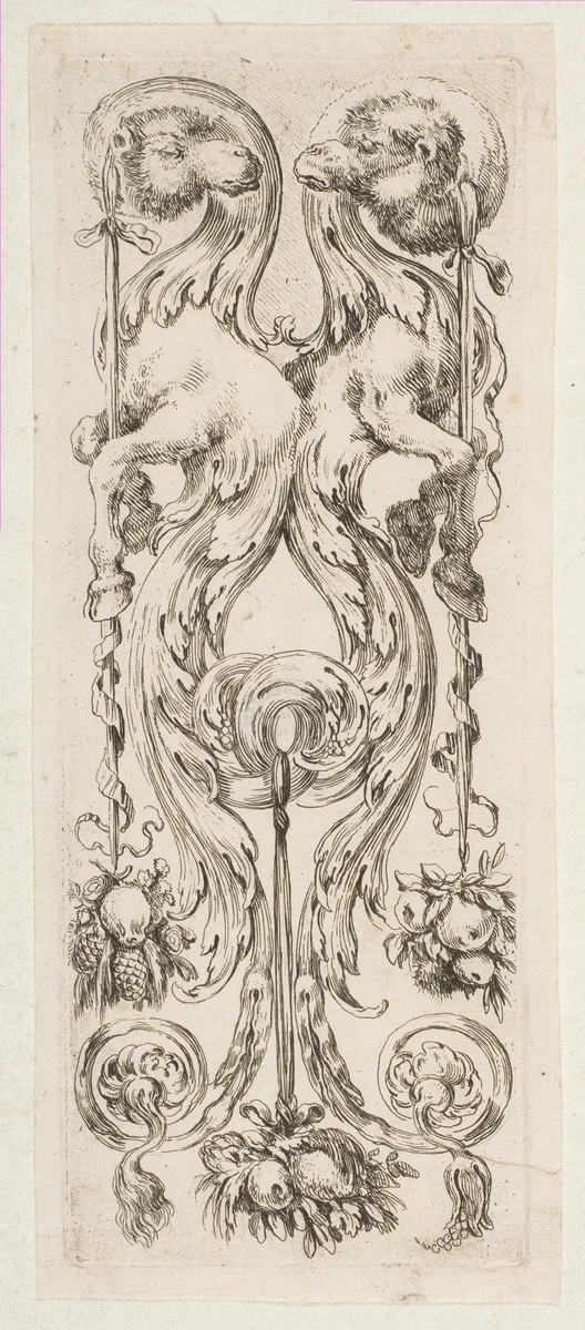 Two Facing Camel Heads with Bodies Terminating in Ornament by Stefano della Bella, print, 1648-1658