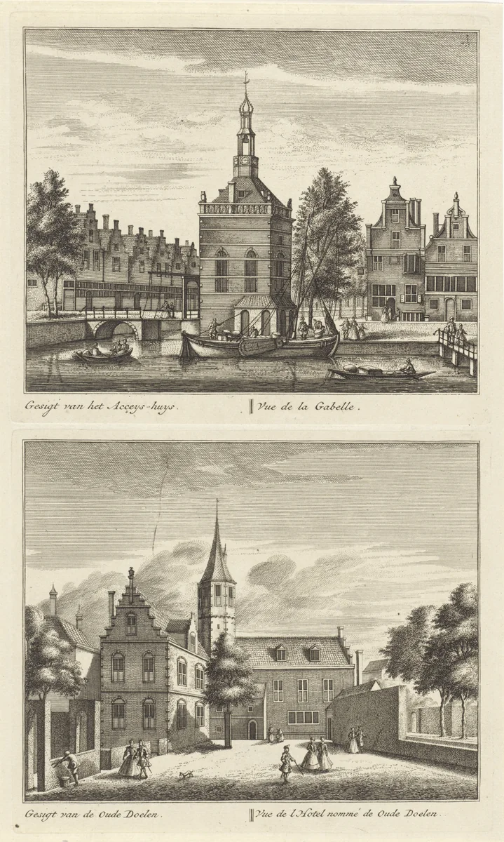 Twee gezichten op Alkmaar met het Accijnshuis en de Oude Doelen by Leonard Schenk, print, 1746