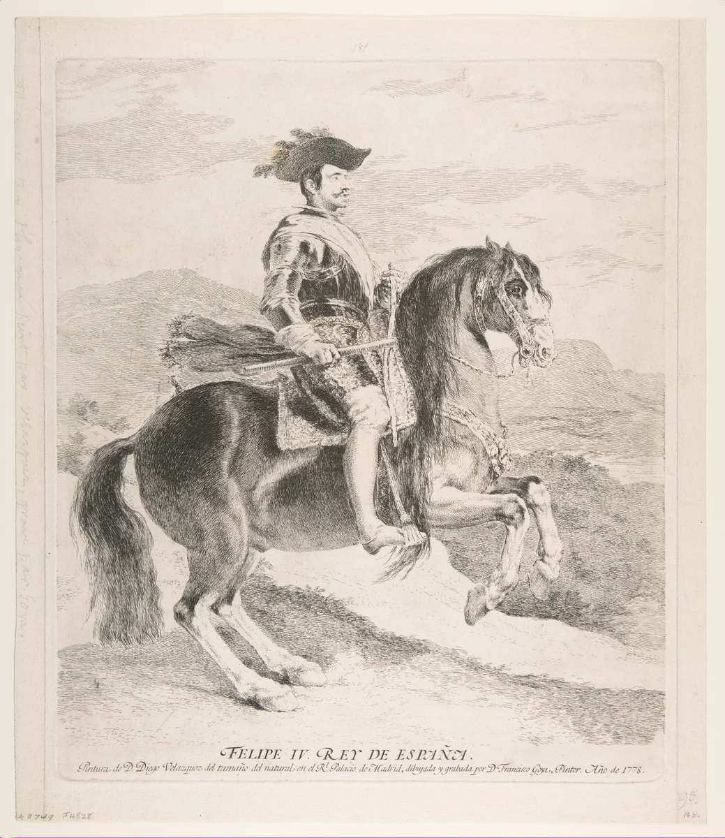 Philip IV on horseback, after Velázquez by Goya, print, 1778