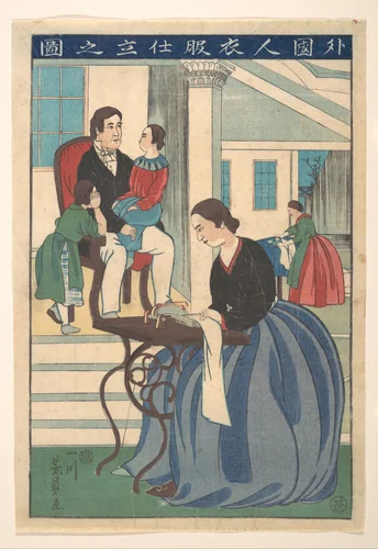 Foreign Family with Wife Making Clothes (Gaikokujin ifuku shitate no zu) by Utagawa Yoshikazu, print, 1860