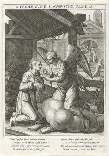 Engel rijkt de communie uit aan Fredericus van Regensburg by Raphaël Sadeler, print, 1615
