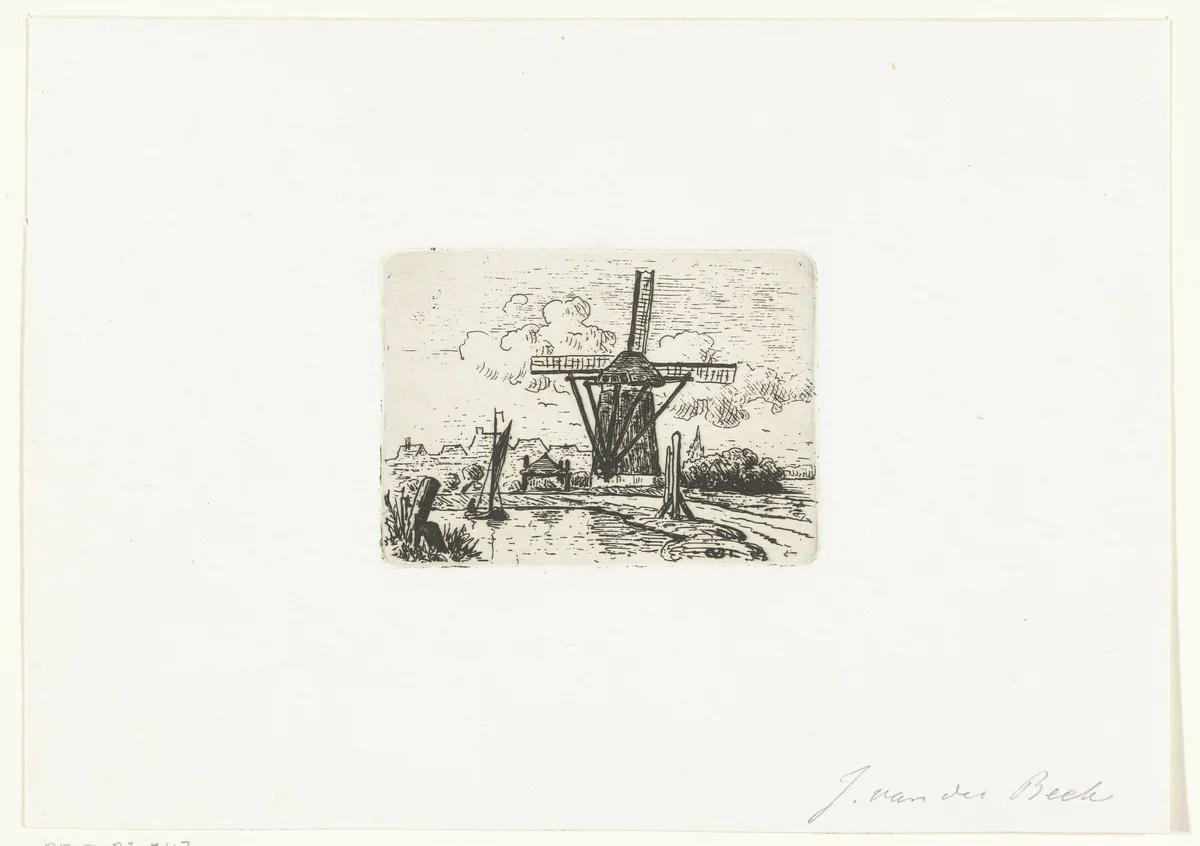 Landschap met molen aan water by J. van der Beek, print, 1850-1860