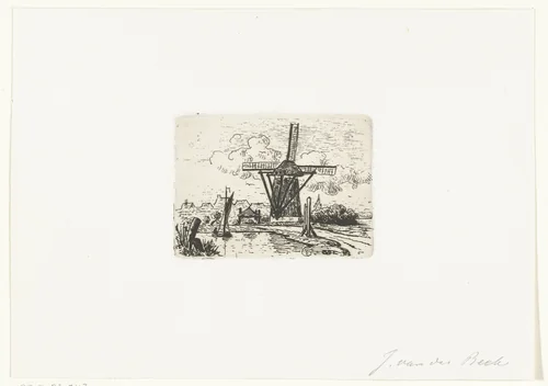 Landschap met molen aan water by J. van der Beek, print, 1850-1860
