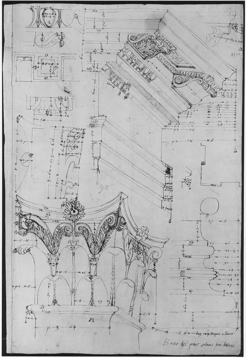 Pantheon, entablature and column pilaster capital, projection; rosette, details; capital profile; base, profile; pilaster, plan (recto) Pantheon, rectangular niche, perspective (verso) by anonymous, drawing, 1500-1560
