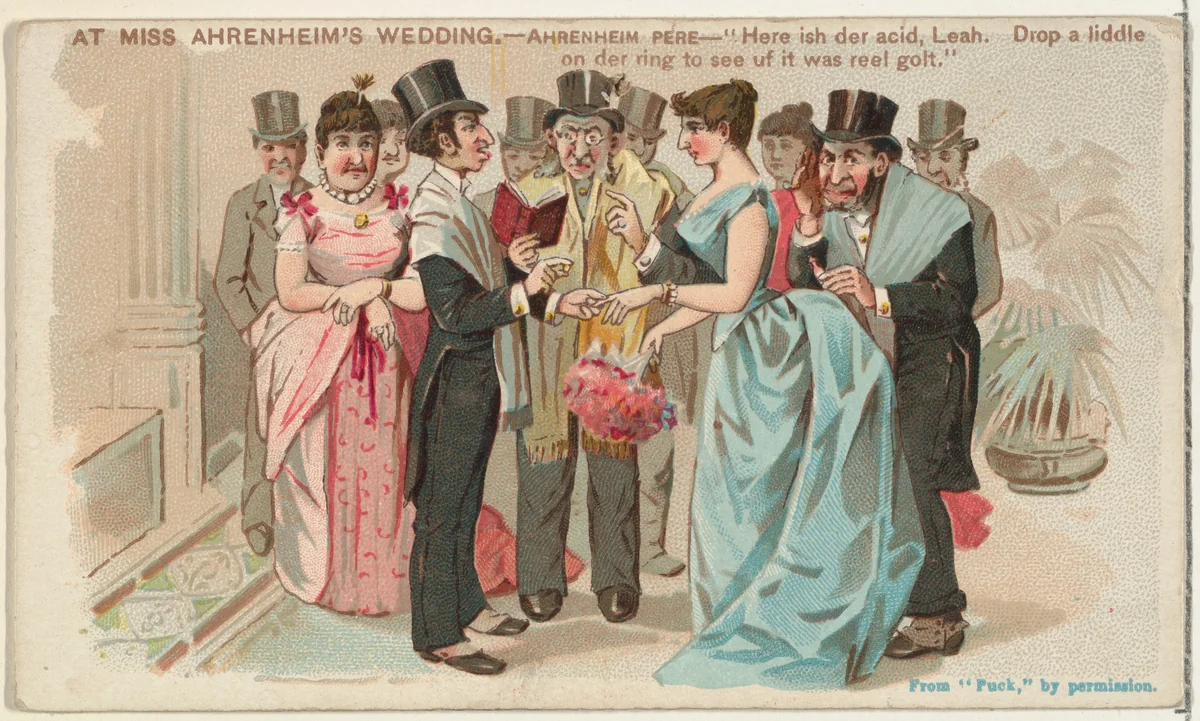 At Miss Ahrenheim's Wedding, from the Snapshots from "Puck" series (N128) issued by Duke Sons & Co. to promote Honest Long Cut Tobacco by W. Duke, Sons & Co., print, 1888