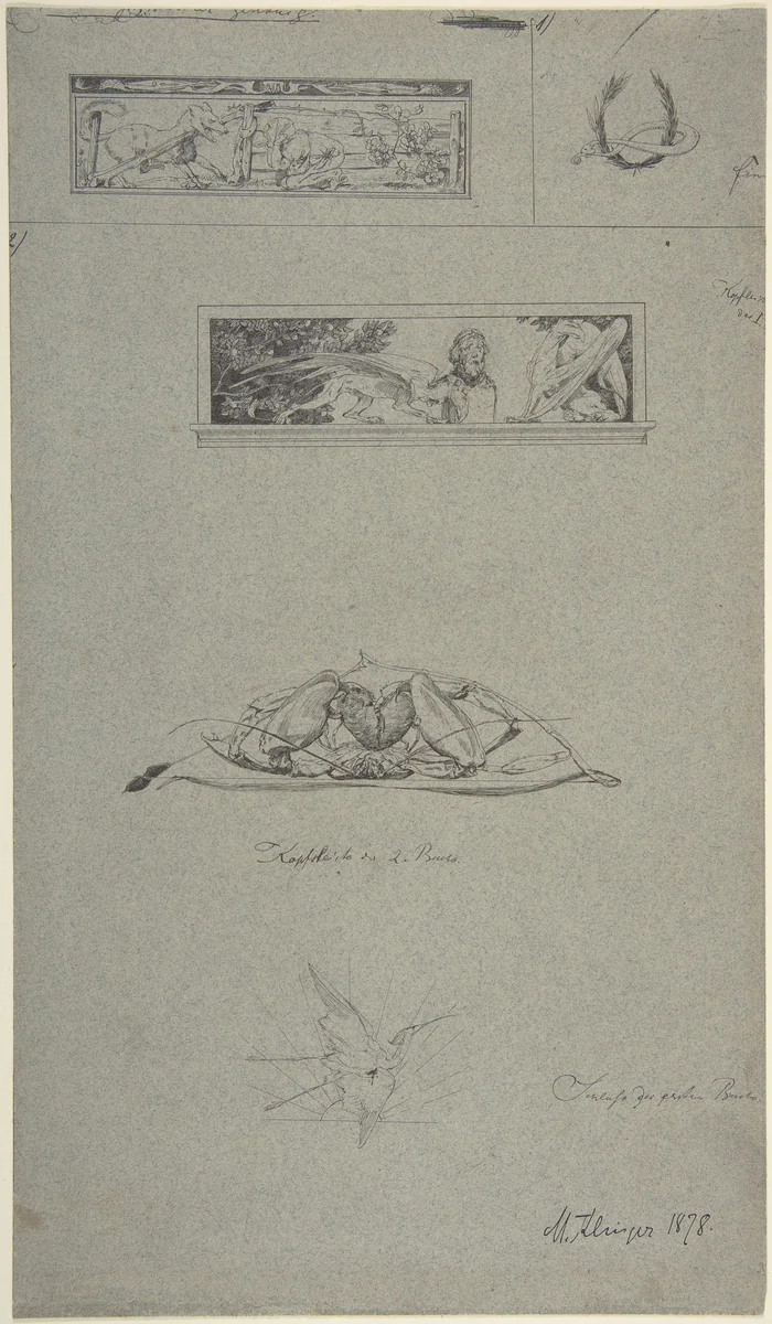 Studies for headpieces and vignettes in the book, Amor und Psyche (Opus V) by Max Klinger, drawing, 1878