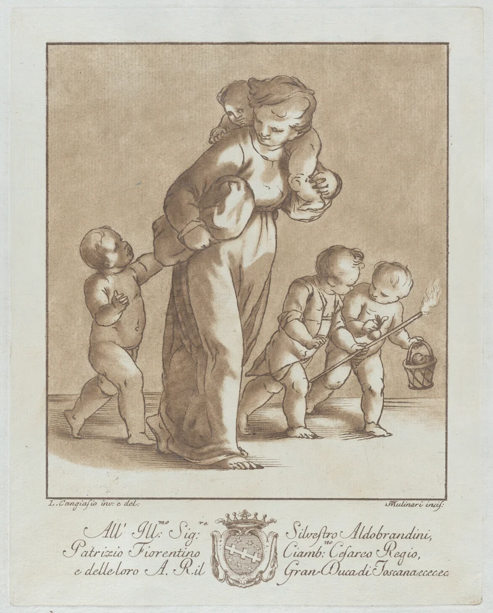 A young girl walks towards the left with one infant on her shoulder and holding another small child's hand, while two children walk at right with a torch and a basket by Stefano Mulinari, print, 1775-1785
