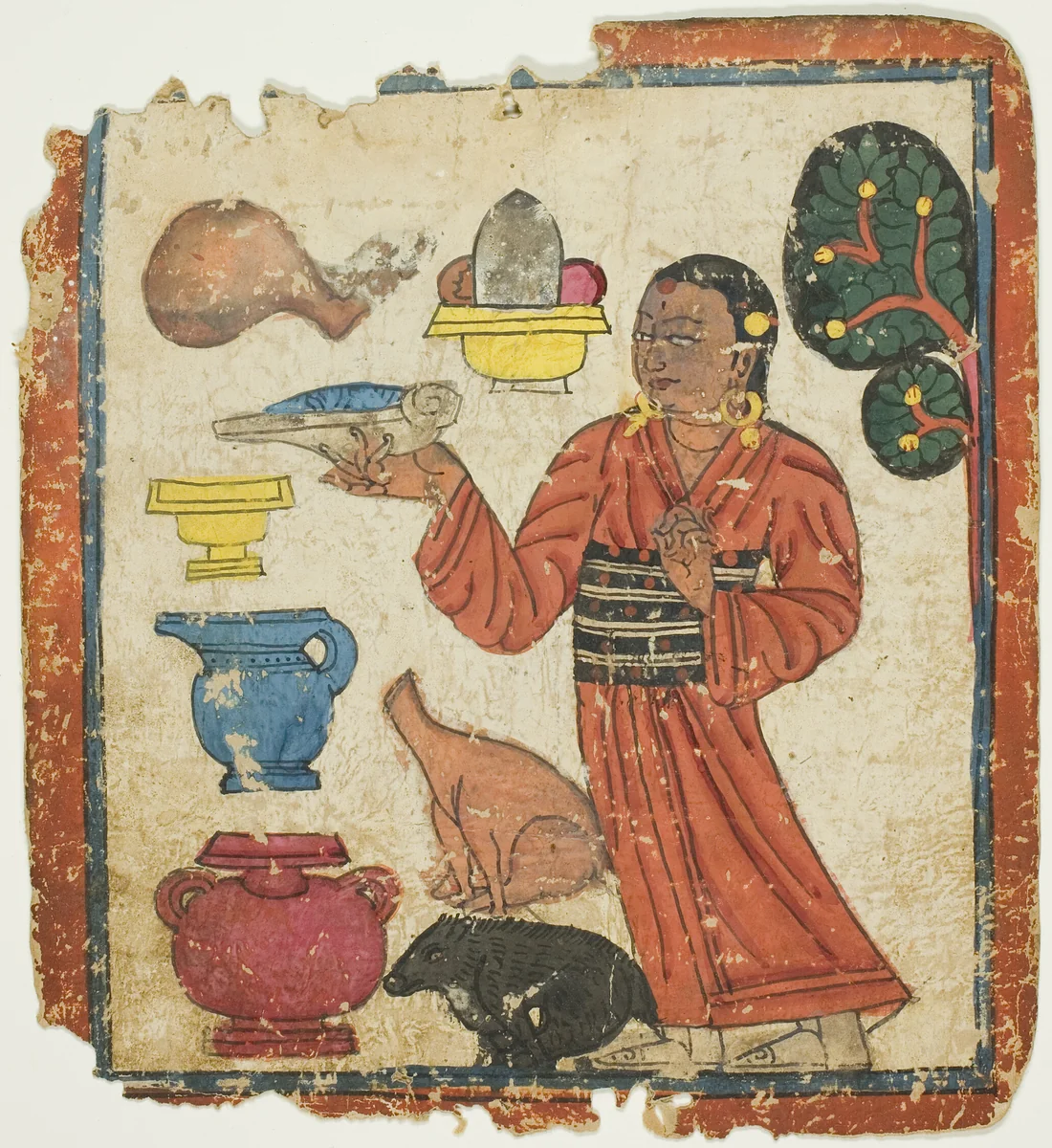 Presentation of Offerings, from a Set of Initiation Cards (Tsakali) by Southern Tibet, drawing, 1301-1500
