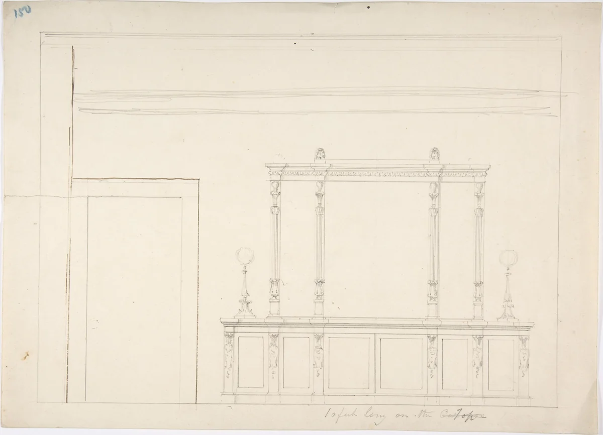 Design for a Large Mirrored Cabinet Adorned with Two Lamps by anonymous, drawing, 1800-1850