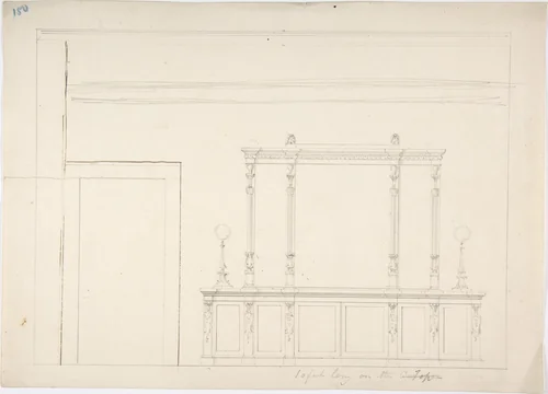 Design for a Large Mirrored Cabinet Adorned with Two Lamps by anonymous, drawing, 1800-1850