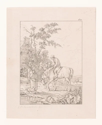 Man te paard in gesprek met man met hark by Eugène Verboeckhoven, print, 1823