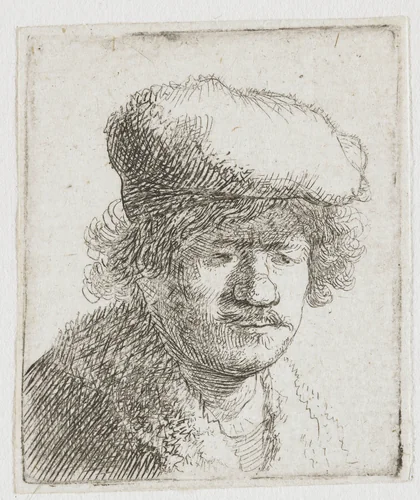 Self-portrait with cap pulled forward by Rembrandt van Rijn, print, 1630