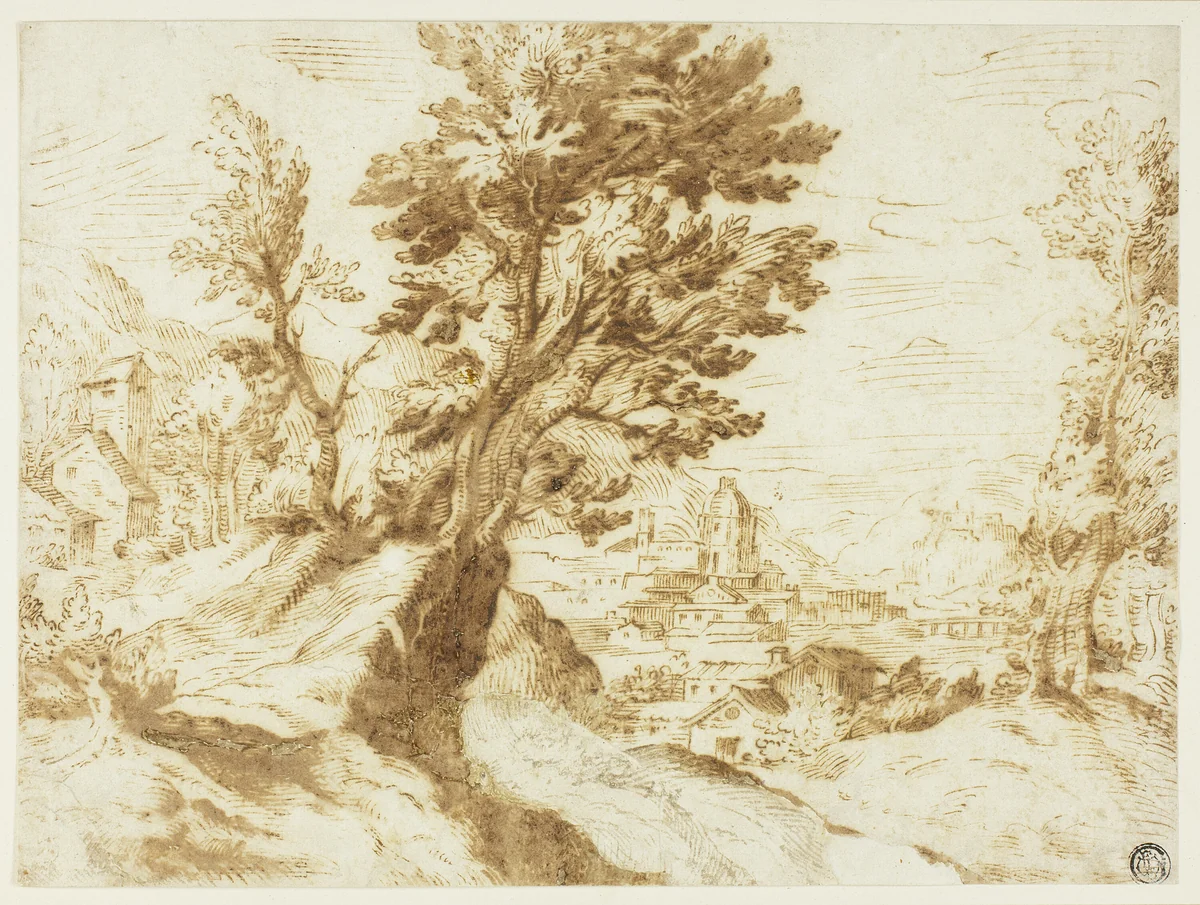 Hilly Landscape with Town in Distance by Agostino Carracci, drawing, 1577-1699