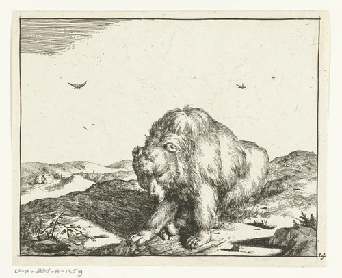 Zittende beer van voren gezien by Marcus de Bye, print, 1664