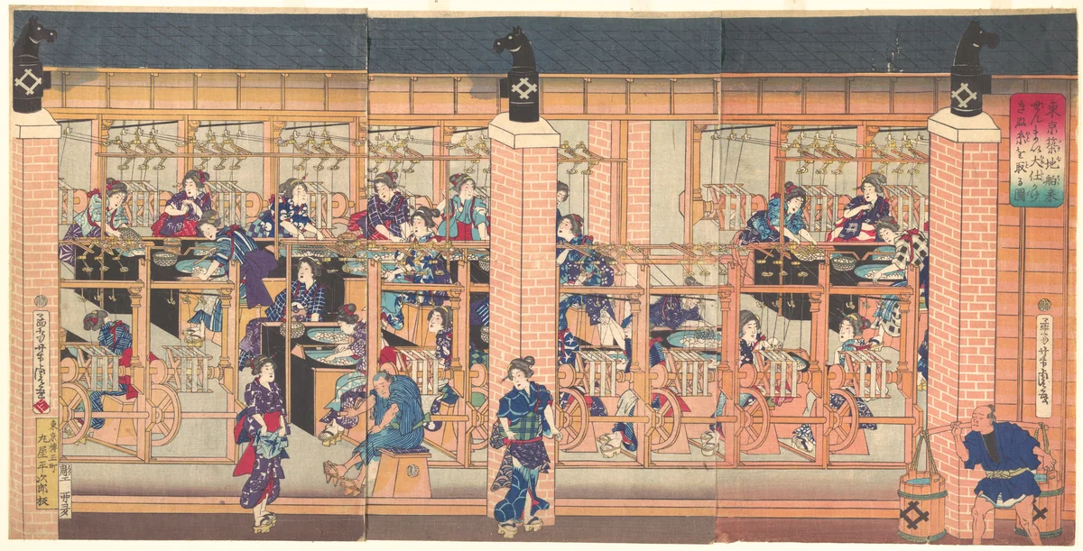 Imported Silk Reeling Machine at Tsukiji in Tokyo by Utagawa Yoshitora (歌川芳虎), print, 1872