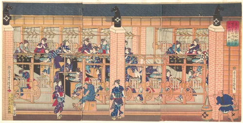 Imported Silk Reeling Machine at Tsukiji in Tokyo by Utagawa Yoshitora (歌川芳虎), print, 1872