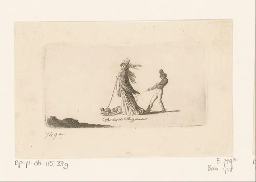 Vrouw en man met aangelijnde honden by Daniel Nikolaus Chodowiecki, print, 1794