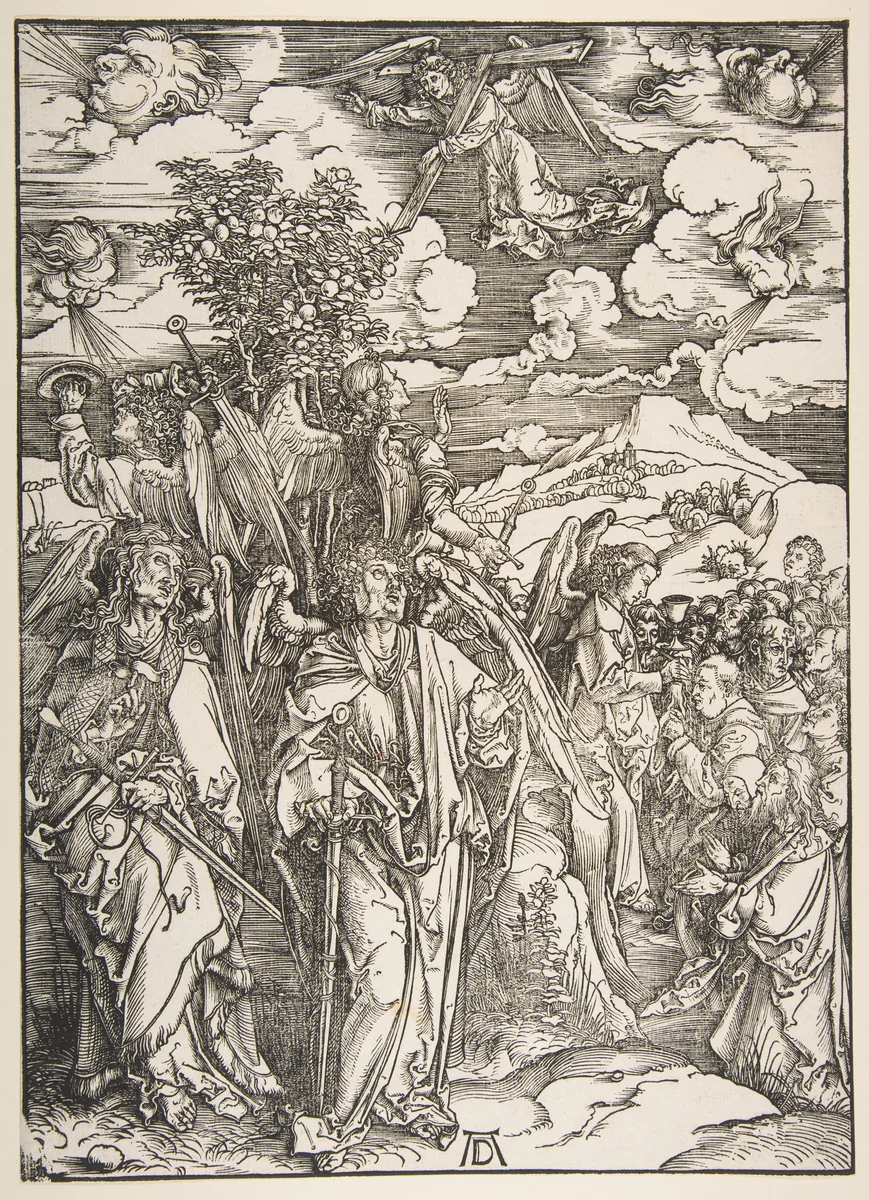 Angels Restraining the Four Winds by Albrecht Dürer, print, 1485-1528