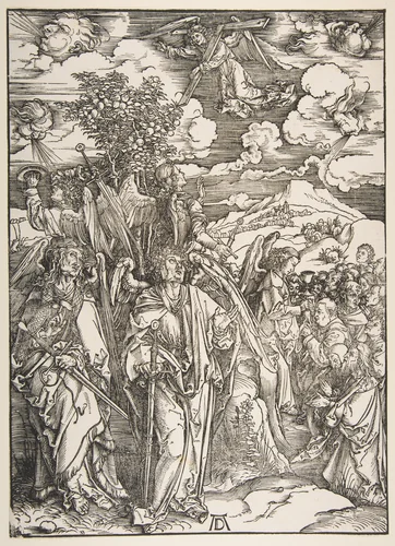 Angels Restraining the Four Winds by Albrecht Dürer, print, 1485-1528