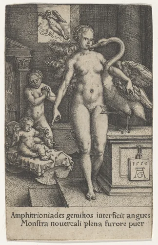 Leda with the Swan and Hercules as a Child, from "The Labors of Hercules" by Heinrich Aldegrever, print, 1550