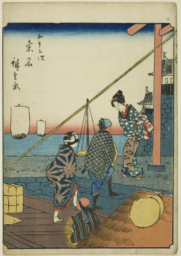Kuwana, from the series "Fifty-three Stations [of the Tokaido] (Gojusan tsugi)," also known as the Figure Tokaido (Jinbutsu Tokaido) by Utagawa Hiroshige (歌川広重), print, 1852