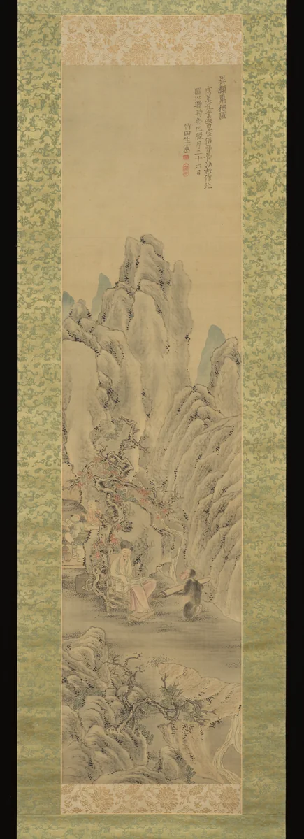 Monkey Offering a Qin to Scholar by Tanomura Chikuden (田能村竹田), painting, 1833