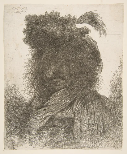 Head of a man in shadow turned slightly to the left, from "Large Oriental Heads" by Giovanni Benedetto Castiglione, print, 1640-1650