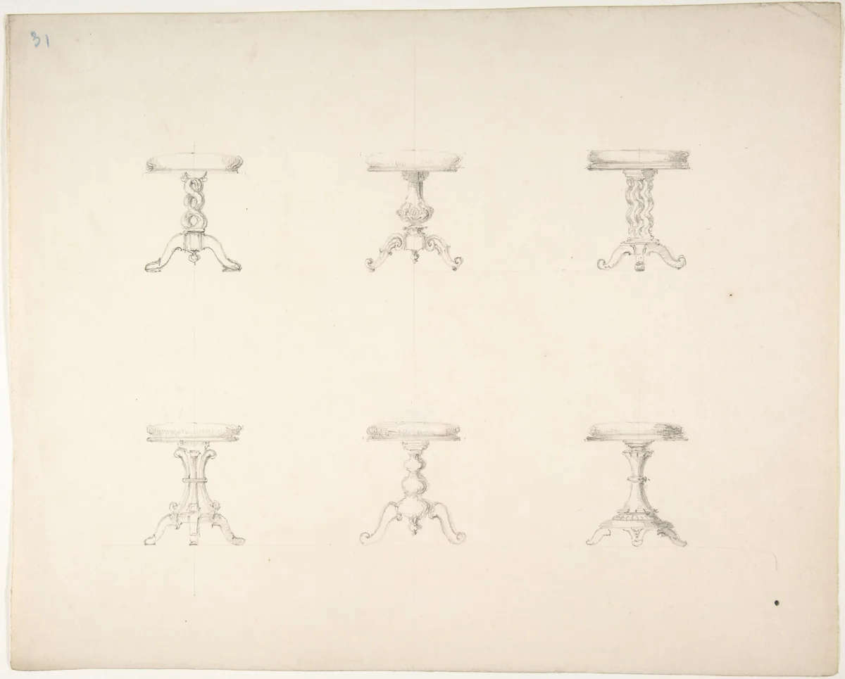 Design for Six Tripod Tables by anonymous, drawing, 1800-1850