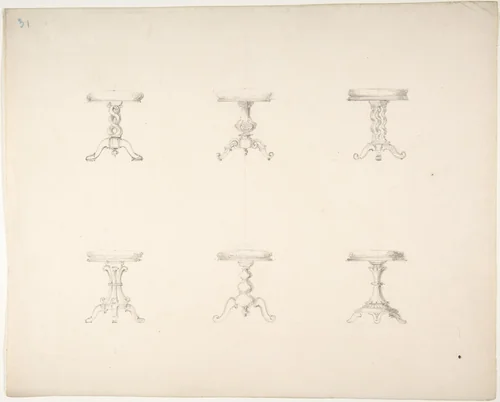 Design for Six Tripod Tables by anonymous, drawing, 1800-1850