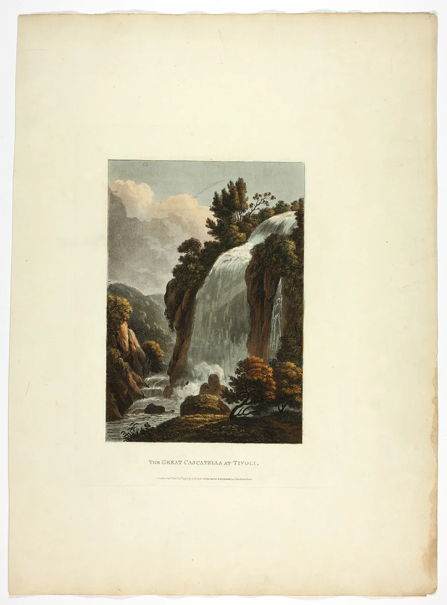 The Great Cascatella at Tivoli, plate thirteen from the Ruins of Rome by M. Dubourg, print, 1798
