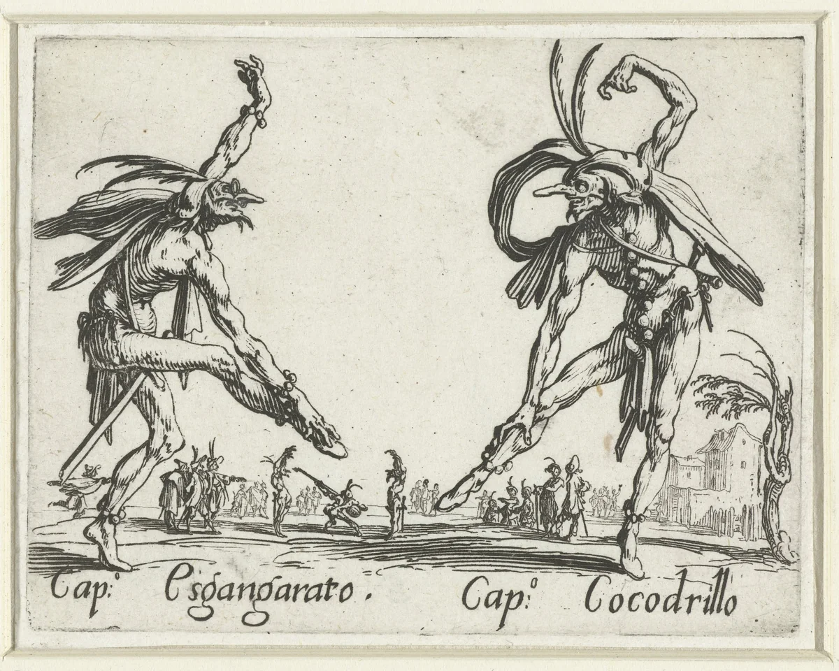 Twee straatartiesten als Capitano Esgangarato en Capitano Cocodrillo by Jacques Callot, print, 1621-1622