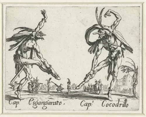 Twee straatartiesten als Capitano Esgangarato en Capitano Cocodrillo by Jacques Callot, print, 1621-1622