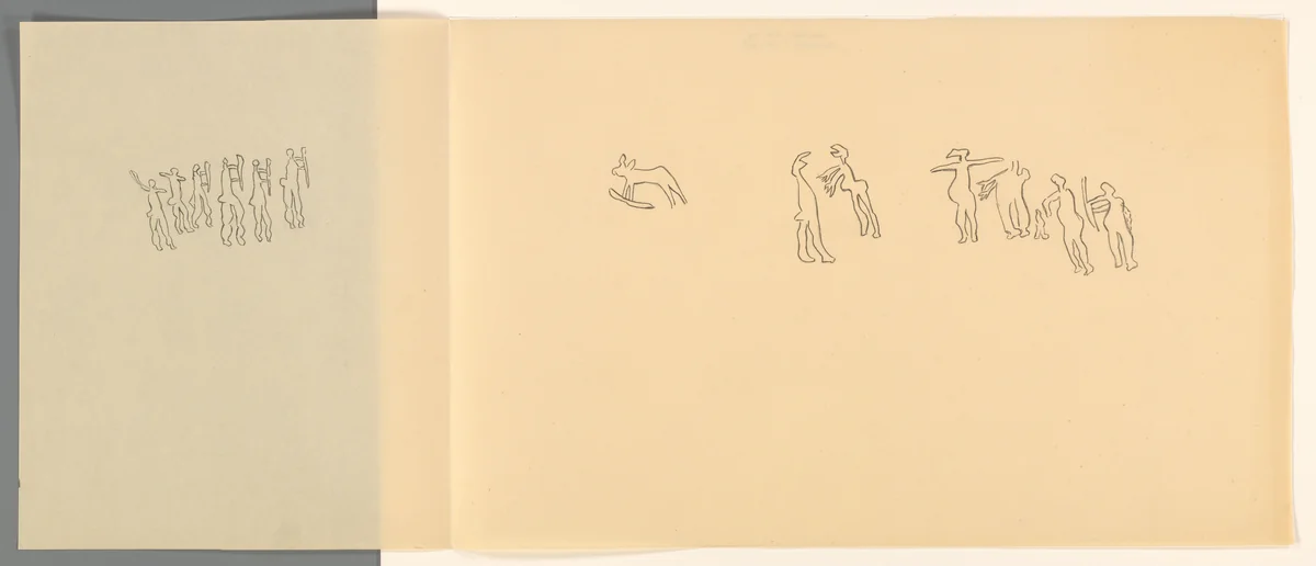 Studieblad met (fantasie)figuren en dieren by anonymous, drawing, 1849-1949