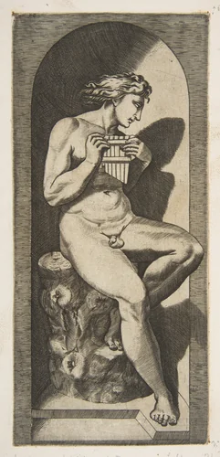 Olympus naked seated on a tree stump holding pipes, set within a niche by Marco Dente, print, 1510-1532