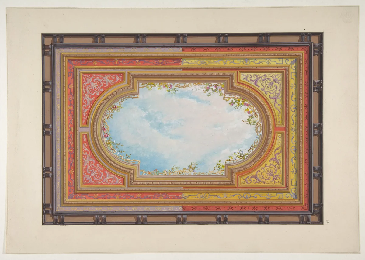 Design for a ceiling painted with trompe l'oeil clouds by Jules-Edmond-Charles Lachaise, drawing, 1830-1897