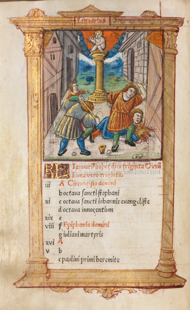 Printed Book of Hours (Use of Rome): fol. 2v, January calendar illustration by Guillaume Le Rouge, book, 1510
