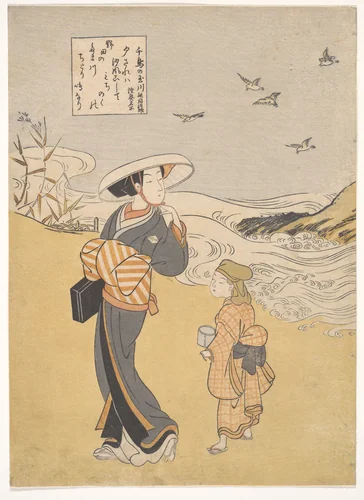 “The Jewel River of Plovers, a Famous Place in Mutsu Province,” from the series Six Jewel Rivers (Mu Tamagawa: Chidori no Tamagawa, Mutsu meisho) by Suzuki Harunobu (鈴木春信), print, 1725-1770