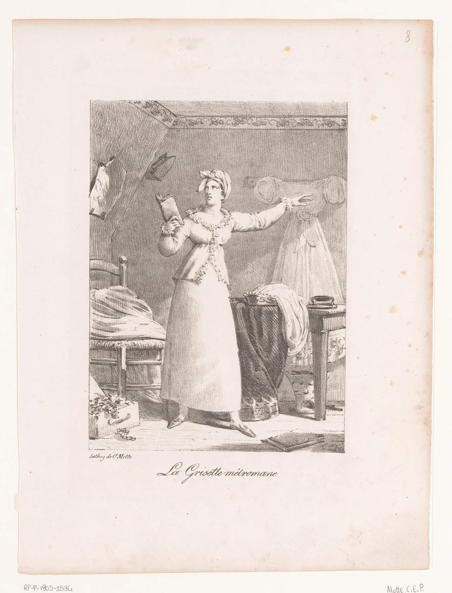 Vrouw staand in een jurk met een boek in de rechterhand in een kamer by anonymous, print, 1817-1837