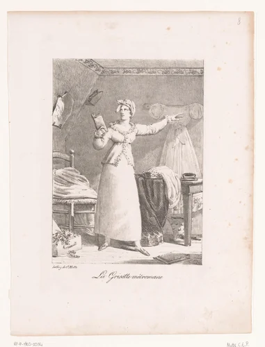 Vrouw staand in een jurk met een boek in de rechterhand in een kamer by anonymous, print, 1817-1837