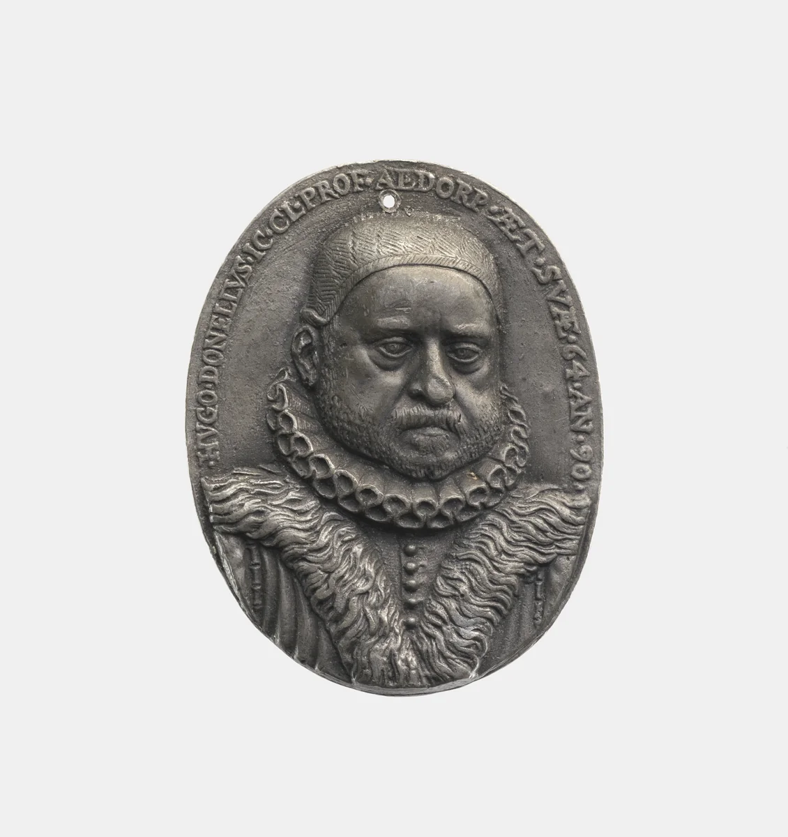 Hugo Donellus (Doneau) 1527-91, famed law scholar by Georg Holdermann, metalwork, 1590