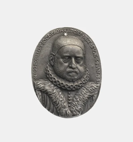 Hugo Donellus (Doneau) 1527-91, famed law scholar by Georg Holdermann, metalwork, 1590