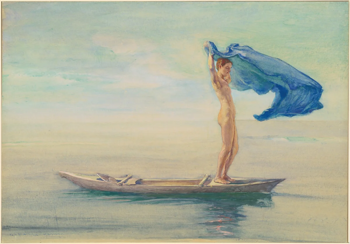 Girl in Bow of Canoe Spreading Out Her Loin-Cloth for a Sail, Samoa by John La Farge, drawing, 1895-1896