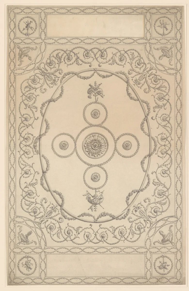 Design for a Ceiling, an Oblong with an Oval Center by Sir William Chambers, drawing, 1743-1796