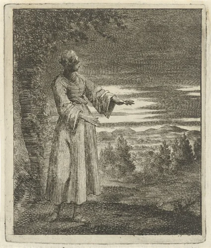 Vrouw wandelend in de nacht by Jan Luyken, print, 1687