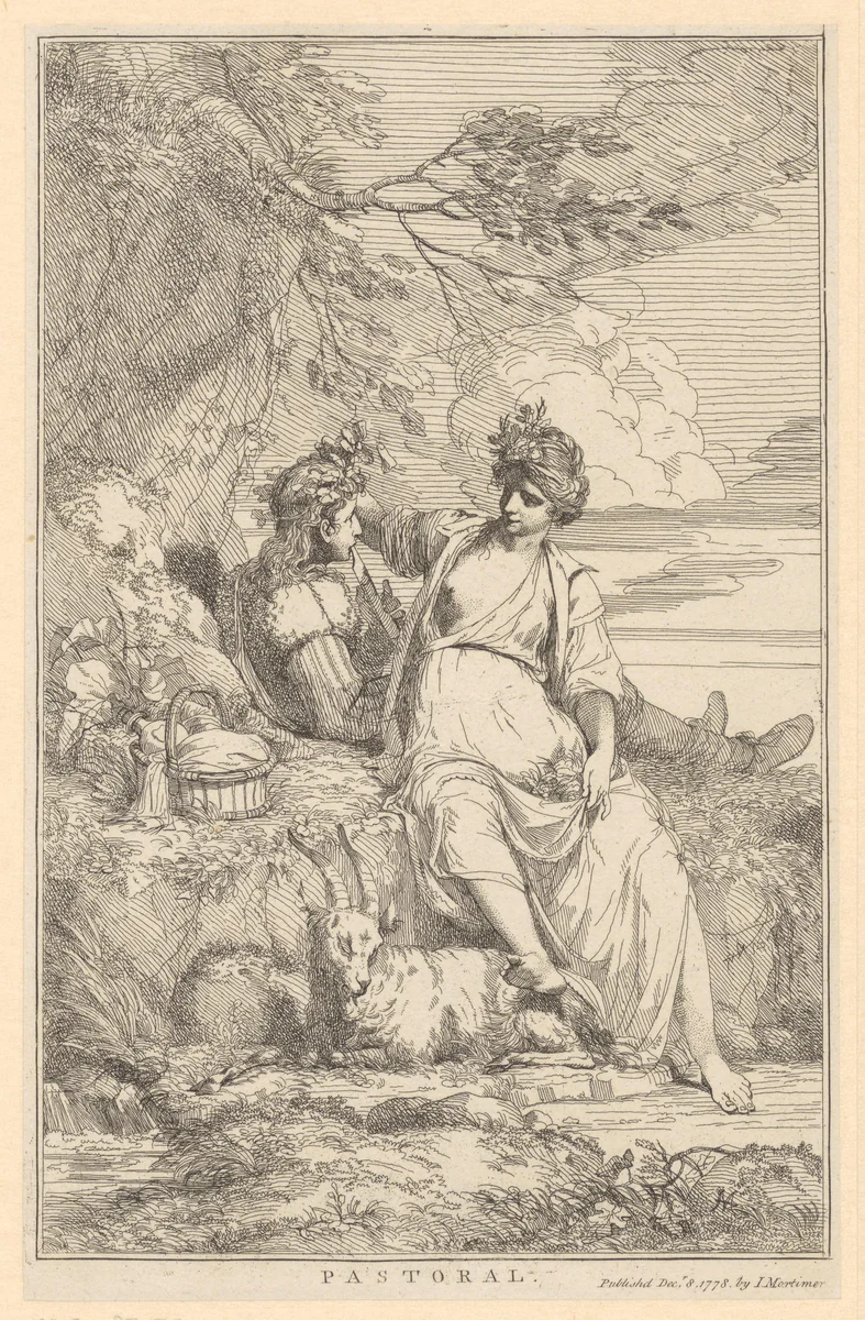 Vrouw zit aan een strik in het haar van een herder, die op een fluit blaast by John Hamilton Mortimer, print, 1778