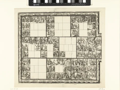 Blad met tientallen kleine voorstellingen van juridische aard (illustraties voor 'Ars magna et admirabilis (...) Pandectarum tituli (...) ope figurarum emblematicarum'?) by Romeyn de Hooghe, print, 1690-1695